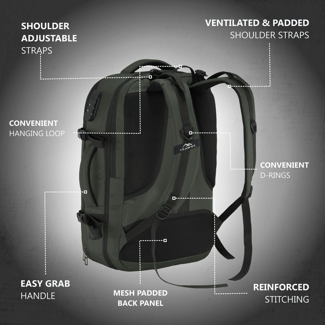 TPB01- 45L Laptop Bag with Anti-Theft Lock, Expandable Storage, USB Charging, Suitcase-Style Opening - Uniform green