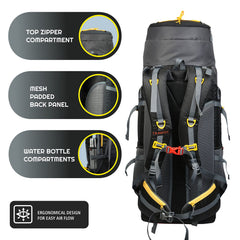 Aerostrike 70L Trekking Bag with Laptop Compartment & Rain Cover, ideal for Hiking - Black(clearance sale)