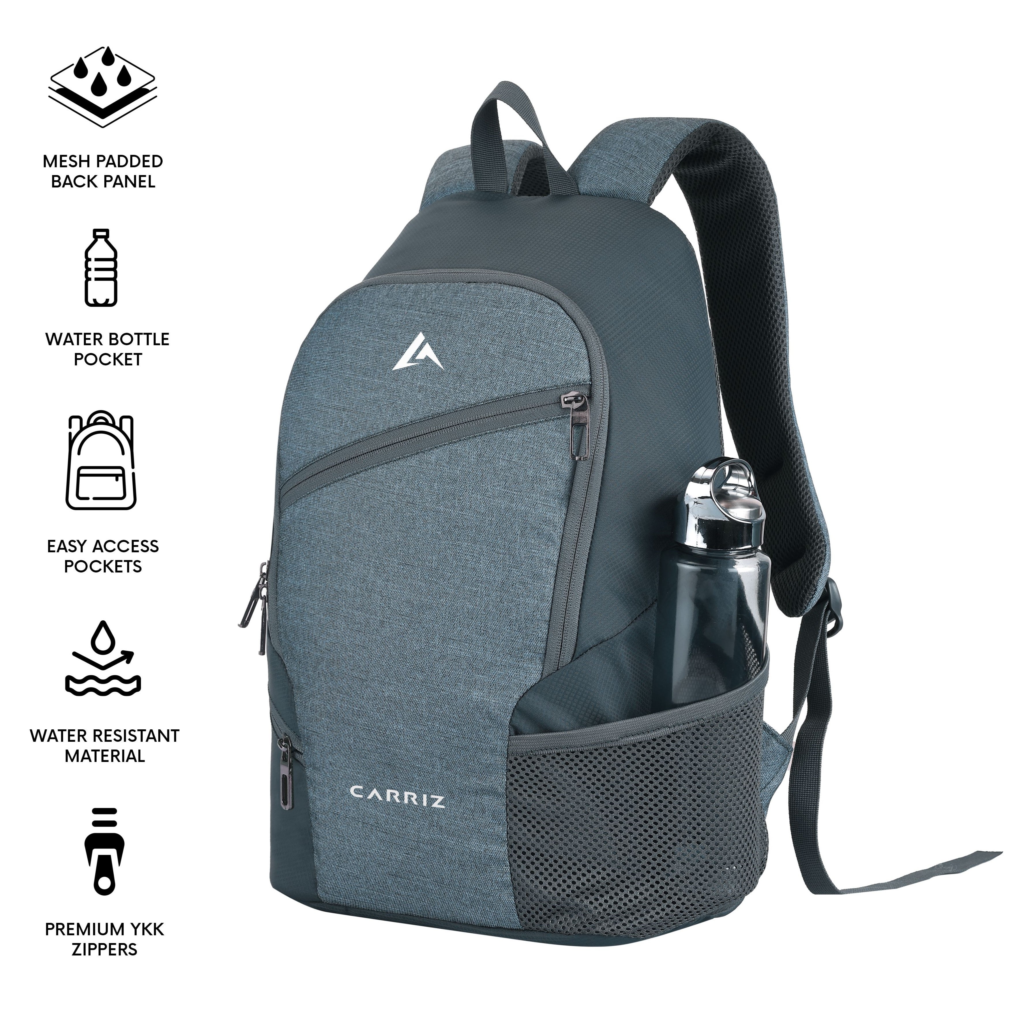 Detailed front view of the CARRIZ Casual Backpack - CB01 in grey, highlighting its modern and functional design. The backpack features a smooth, high-quality grey fabric with a subtle sheen. A large main compartment is secured with a sturdy zipper, offering ample space for books, a laptop, or other essentials. A front zippered pocket provides quick access to smaller items like keys or a phone. The interior includes organizational pockets for better storage management.