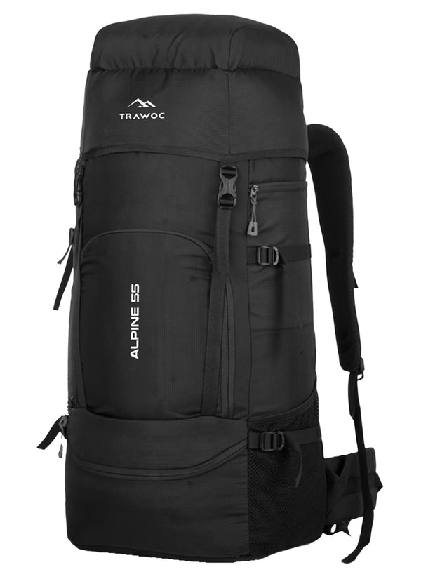 ALPINE 55L Travel Backpack Front & Top Loading Bag for Men & Women - Black
