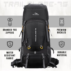 Trailblaze 75 L Trekking Bag with Rain Cover & Durable Zippers-Black