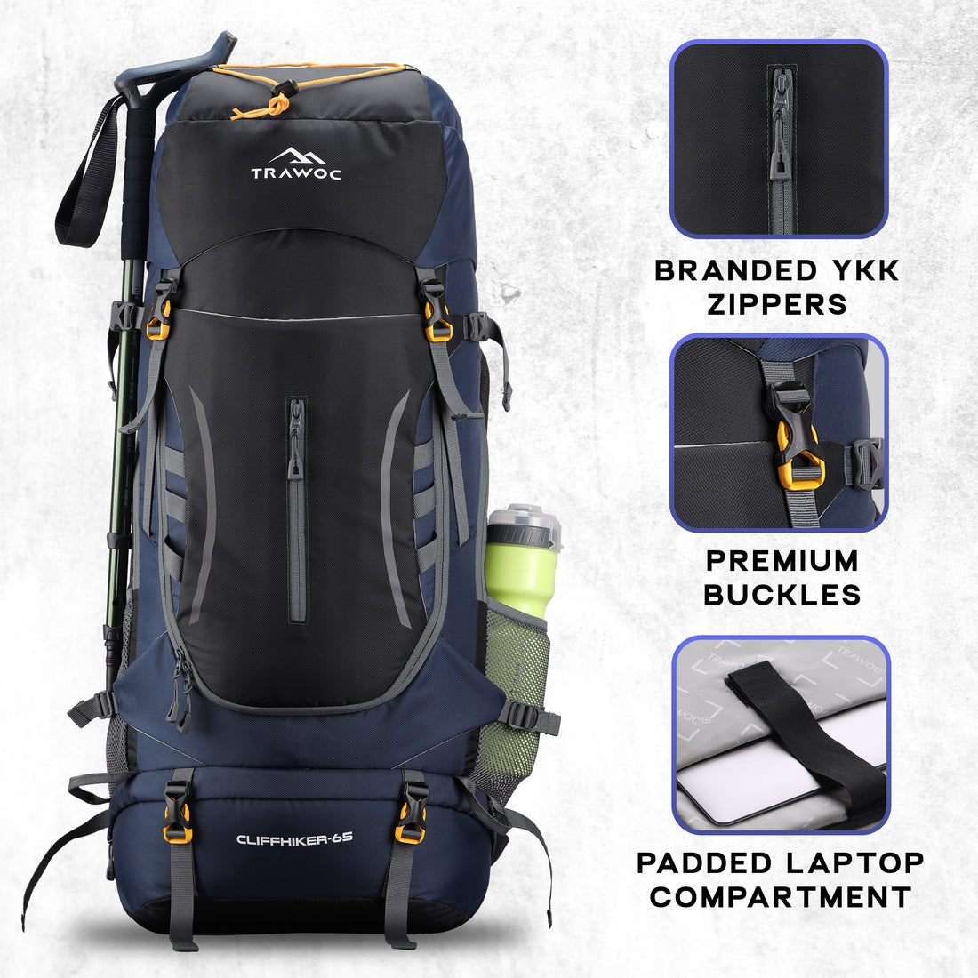 Cliffhiker 65 L Rucksack featuring with Durable Zippers & Laptop Compartment - Black