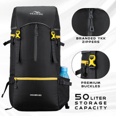 Hover 50L Backpack for Men & Women, Light weight with Multi-Pocket & Rain Cover - Black