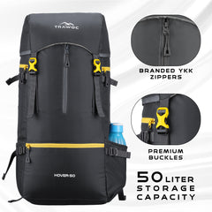 Hover 50L Backpack for Men & Women, Light weight with Multi-Pocket & Rain Cover - Grey