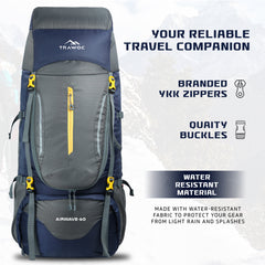 Airwave 60L Travel Backpack with Laptop Compartment & Rain Cover - Grey
