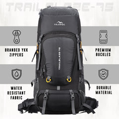 Trailblaze 75 L Trekking Bag with Rain Cover & Durable Zippers-Grey