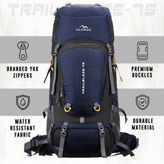 Trailblaze 75 L Trekking Bag with Rain Cover & Durable Zippers - NavyBlue