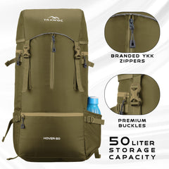 Hover 50L Backpack for Men & Women, Light weight with Multi-Pocket & Rain Cover - Olivegreen