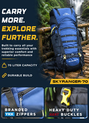 Skyranger 70 L Rucksack for Hiking & Travel with Ergonomic Shoulder Straps & Internal metal frame - NavyBlue