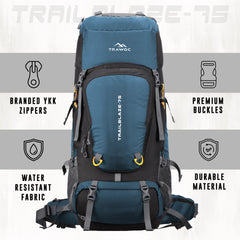 Trailblaze 75 L Trekking Bag with Rain Cover & Durable Zippers-Englishblue