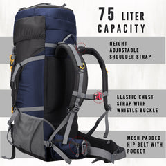 Trailblaze 75 L Trekking Bag with Rain Cover & Durable Zippers - NavyBlue