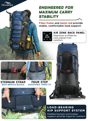 Skyranger 70 L Rucksack for Hiking & Travel with Ergonomic Shoulder Straps & Internal metal frame - NavyBlue