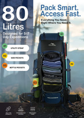 Trailmaster 80L Backpack for Hiking & Travel with Laptop Compartment & Multi-Pocket Design - NavyBlue(clearance sale)