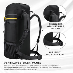 Hover 50L Backpack for Men & Women, Light weight with Multi-Pocket & Rain Cover - Black