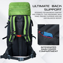 Aerofit 60L Rucksack with Multi-Pocket Design & Laptop Compartment, ideal for Hiking - Green