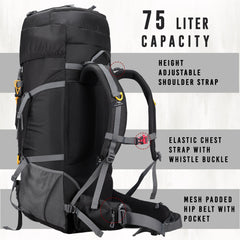 Trailblaze 75 L Trekking Bag with Rain Cover & Durable Zippers-Black