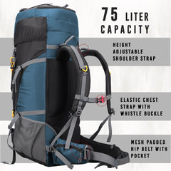 Trailblaze 75 L Trekking Bag with Rain Cover & Durable Zippers-Englishblue