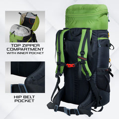 Aerofit 60L Rucksack with Multi-Pocket Design & Laptop Compartment, ideal for Hiking - Green