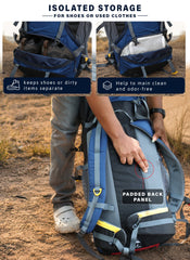 DYNAMITE 65L Travel Backpack with Rain Cover & Shoe Compartment - Navy Blue