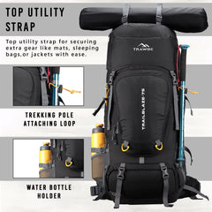 Trailblaze 75 L Trekking Bag with Rain Cover & Durable Zippers-Black