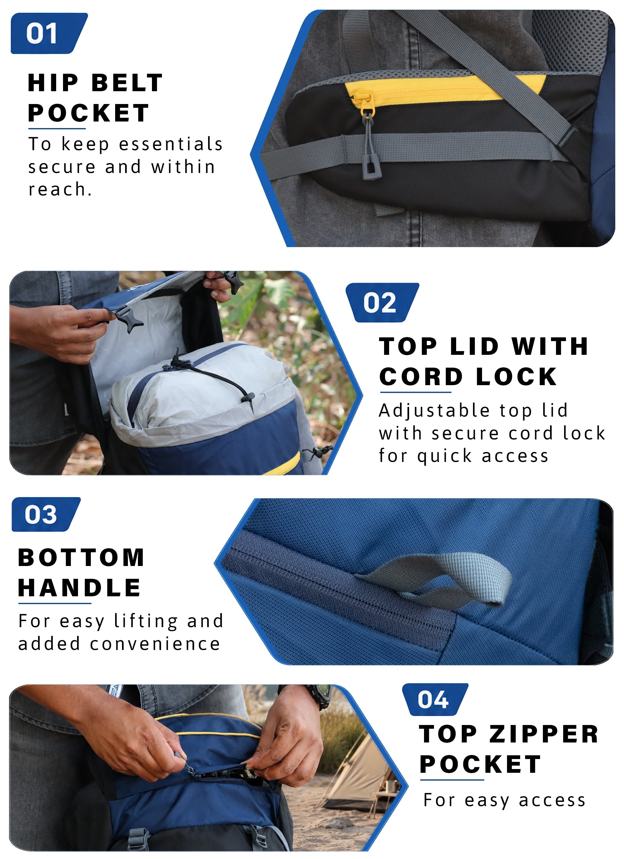 DYNAMITE 65L Travel Backpack with Rain Cover & Shoe Compartment - Navy Blue