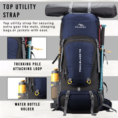 Trailblaze 75 L Trekking Bag with Rain Cover & Durable Zippers - NavyBlue