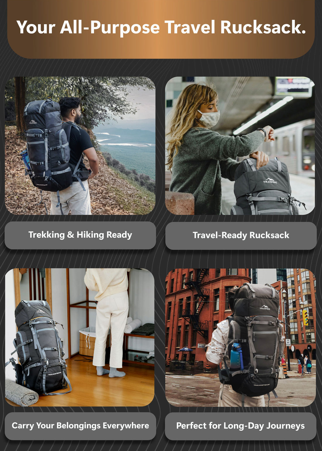 Trailmaster 80L Backpack for Hiking & Travel with Laptop Compartment & Multi-Pocket Design - Grey