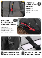 DYNAMITE 65L Travel Backpack with Rain Cover & Shoe Compartment -Grey