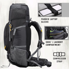 Trailblaze 75 L Trekking Bag with Rain Cover & Durable Zippers-Black