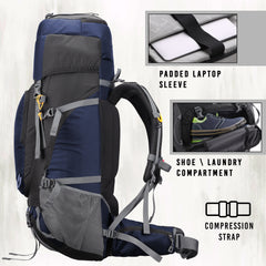 Trailblaze 75 L Trekking Bag with Rain Cover & Durable Zippers - NavyBlue