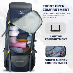 Airwave 60L Travel Backpack with Laptop Compartment & Rain Cover - Grey