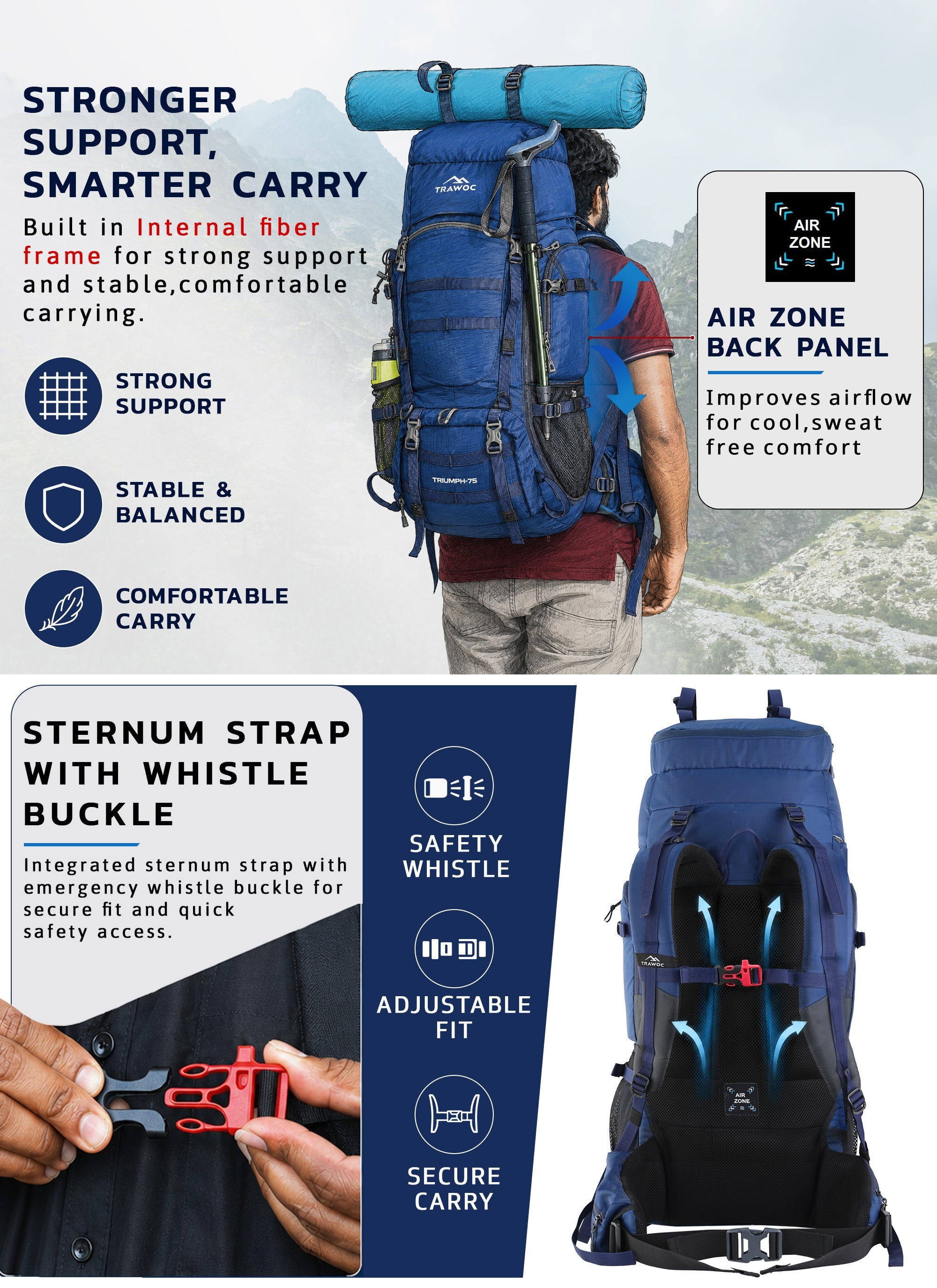 Triumph X 75 L Travel Backpack for Men & Women with Spacious Main Section & Shoe Compartment - Navy Blue