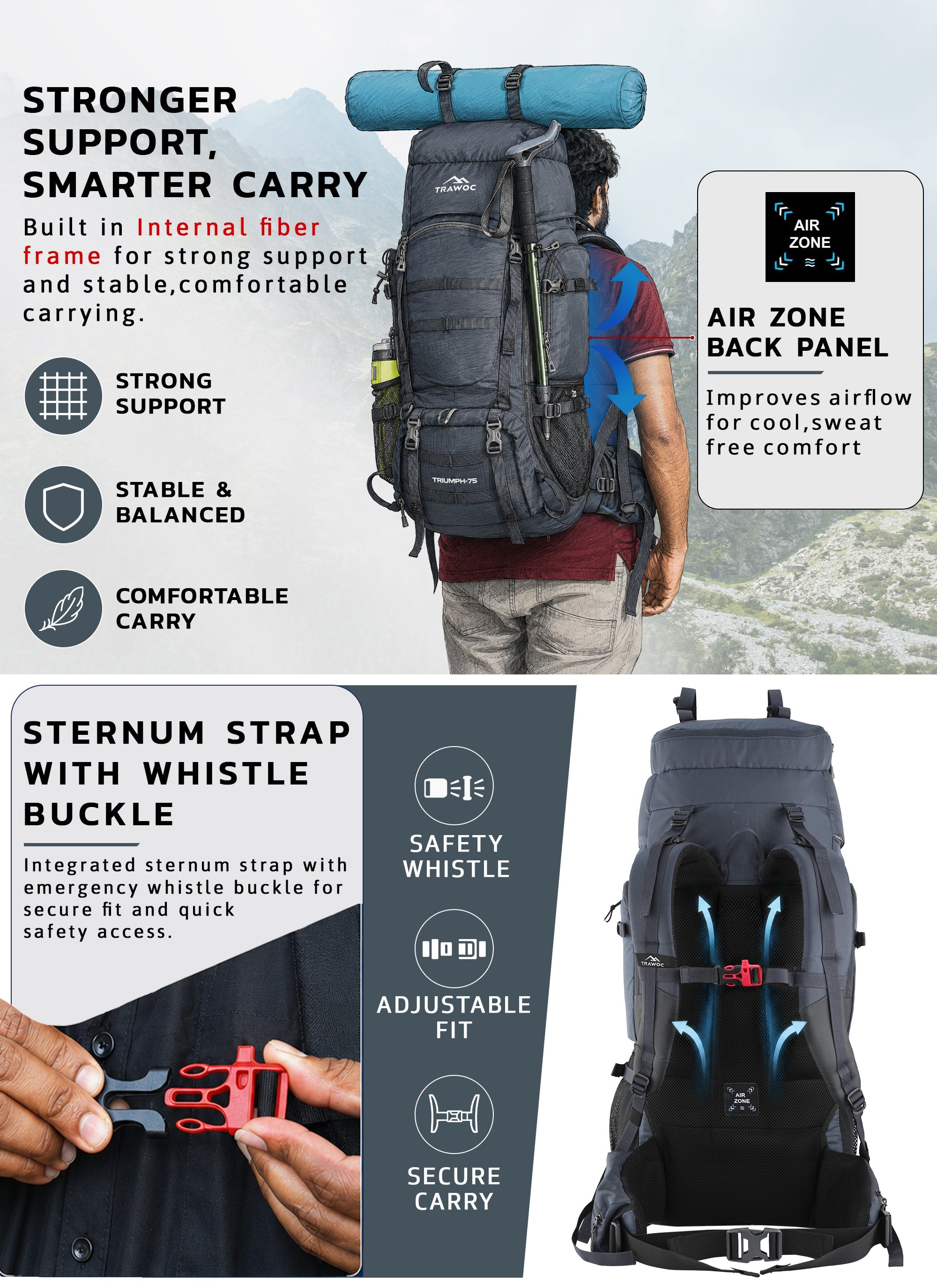 Triumph X 75 L Travel Backpack for Men & Women with Spacious Main Section & Shoe Compartment - Grey