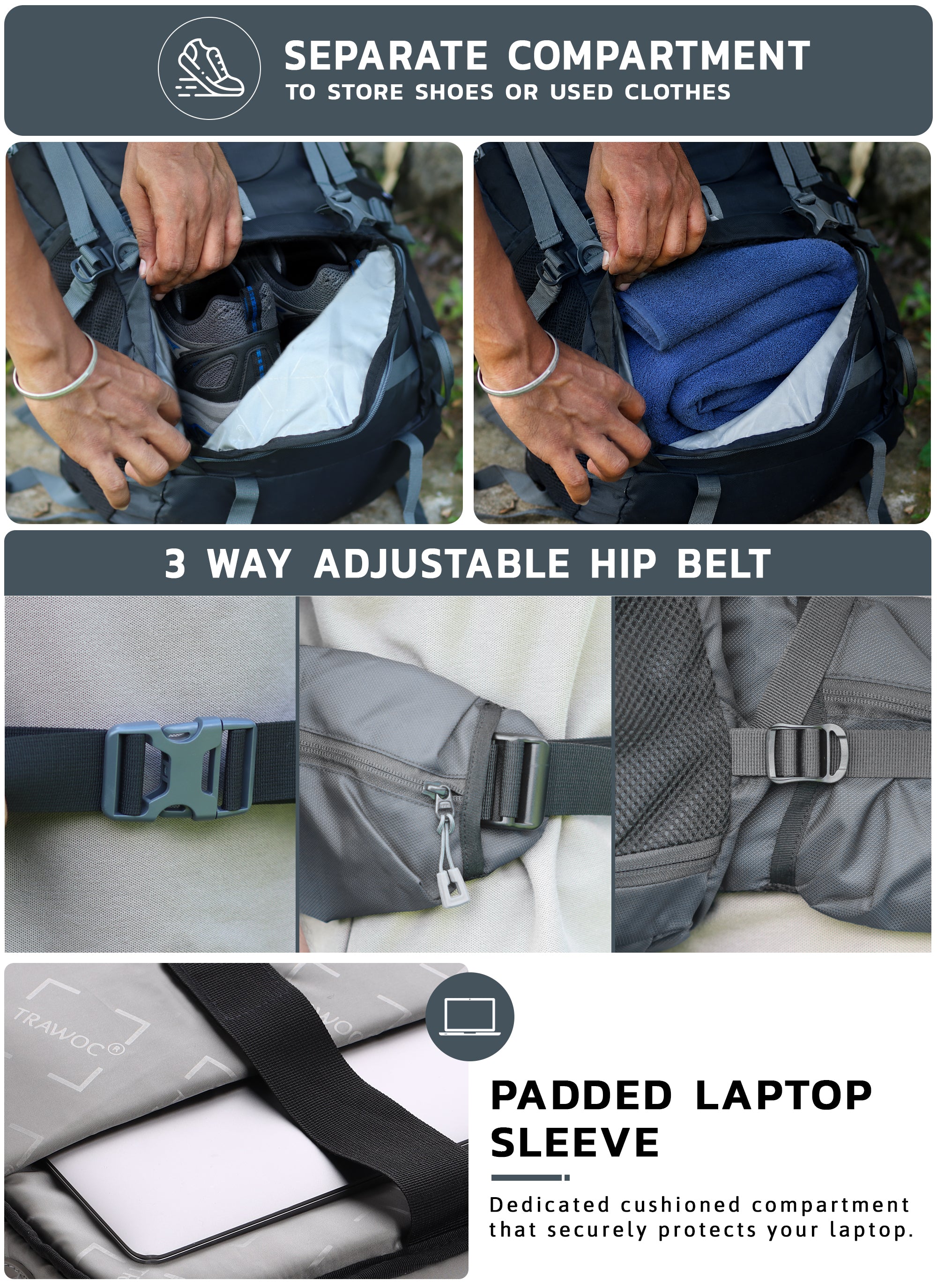 Triumph X 75 L Travel Backpack for Men & Women with Spacious Main Section & Shoe Compartment - Grey