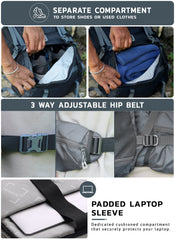 Triumph X 75 L Travel Backpack for Men & Women with Spacious Main Section & Shoe Compartment - Grey