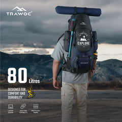 Wayfarer 80L Travel Backpack with Water-Resistant Fabric & Laptop Compartment – Navyblue