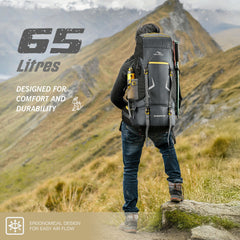 DYNAMITE 65L Travel Backpack with Rain Cover & Shoe Compartment -Grey