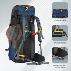 DYNAMITE 65L Travel Backpack with Rain Cover & Shoe Compartment -NavyBlue