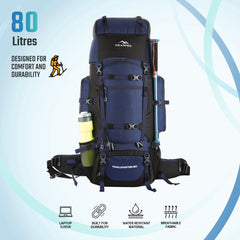 Trailmaster 80L Backpack for Hiking & Travel with Laptop Compartment & Multi-Pocket Design - NavyBlue