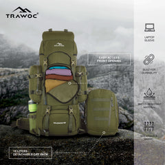 Wildwing 95L (80+15) Bag for Hiking & Travel with Shoe Compartment & Water-Resistant-Olivegreen