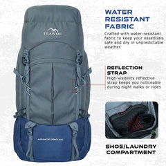 Armor Pro 60L Backpack for Men & Women with Water-Resistant Fabric -NavyBlue