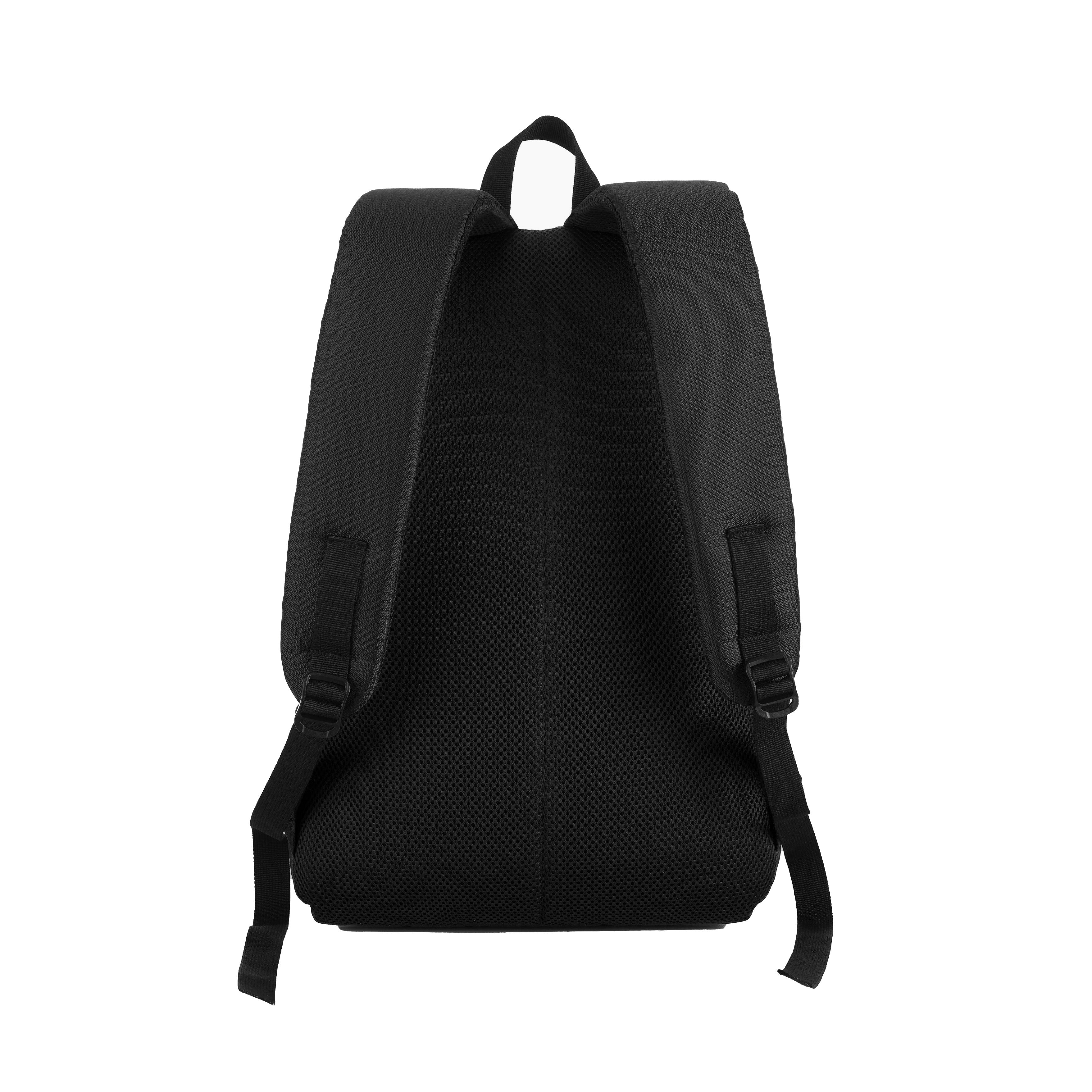 Back side view of the CARRIZ Casual Backpack - CB03 in black, showcasing its ergonomic design and comfort features. The backpack features padded, adjustable shoulder straps for a personalized fit, along with a breathable mesh back panel that enhances ventilation and comfort during extended wear.