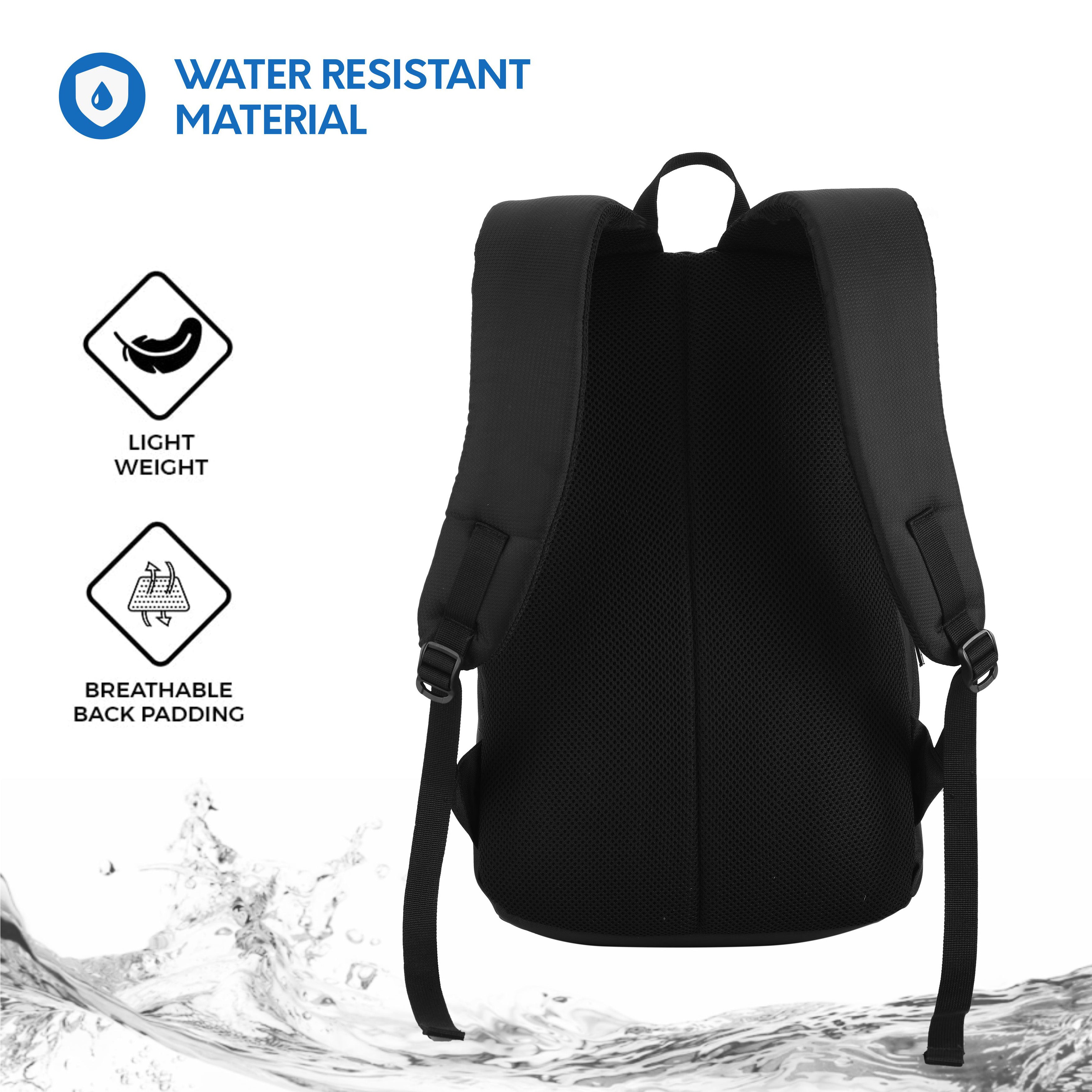 Back view of the CARRIZ Casual Backpack - CB03 in black, showcasing its ergonomic design and comfort features. The backpack features padded, adjustable shoulder straps for a customized fit, along with a breathable mesh back panel that enhances ventilation and comfort during wear. The sleek black exterior is complemented by a padded top handle for easy carrying.