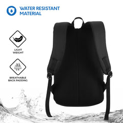 Back view of the CARRIZ Casual Backpack - CB03 in black, showcasing its ergonomic design and comfort features. The backpack features padded, adjustable shoulder straps for a customized fit, along with a breathable mesh back panel that enhances ventilation and comfort during wear. The sleek black exterior is complemented by a padded top handle for easy carrying.