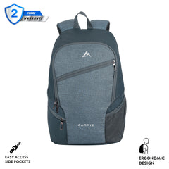 Front view of the CARRIZ Casual Backpack - CB01 in grey, showcasing its sleek and contemporary design. The backpack features a smooth grey exterior with a prominent front zippered pocket for easy access to smaller items. The spacious main compartment is secured with a durable zipper, providing ample storage for books, a laptop, or daily essentials.