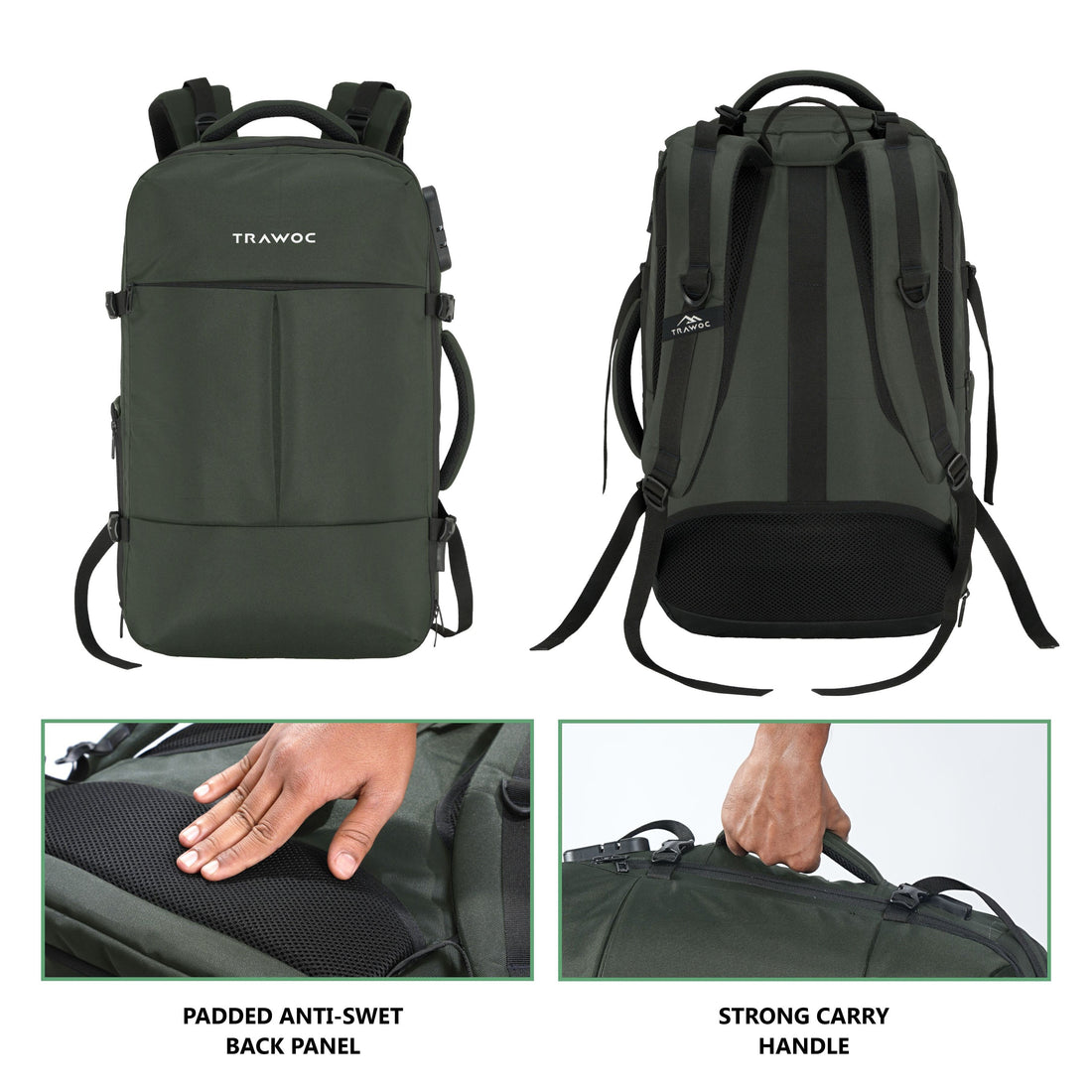 TPB01- 45L Laptop Bag with Anti-Theft Lock, Expandable Storage, USB Charging, Suitcase-Style Opening - Uniform green