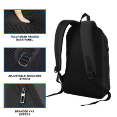 Detailed view of the CARRIZ Casual Backpack - CB03 in black, highlighting its modern and practical features. The backpack is constructed from high-quality black fabric, offering a sleek and sophisticated appearance. It includes a spacious main compartment secured with a durable zipper, ideal for storing books, a laptop, or daily essentials. A front zippered pocket provides quick access to smaller items like keys or a phone. Inside, multiple organizational pockets enhance storage efficiency, keeping belongin