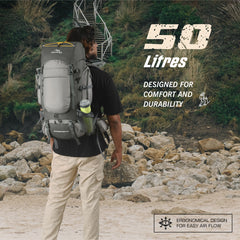 WILDQUEST 50L Travel Backpack  with Laptop Compartment, Rain Cover, Shoe Compartment-grey