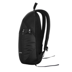 Side view of the CARRIZ Casual Backpack - CB03 in black, highlighting its streamlined and functional design. The backpack features a sleek black exterior with adjustable padded shoulder straps for comfort.