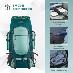 WILDQUEST 50L Travel Backpack  with Laptop Compartment, Rain Cover, Shoe Compartment-Shamrock